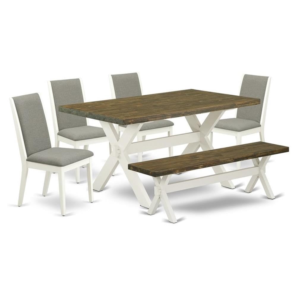 East West Furniture X076La206-6 6 Piece Dining Table Set Contains A Rectangle Dining Room Table With X-Legs And 4 Shitake Linen Fabric Parson Chairs With A Bench, 36X60 Inch, Multi-Color